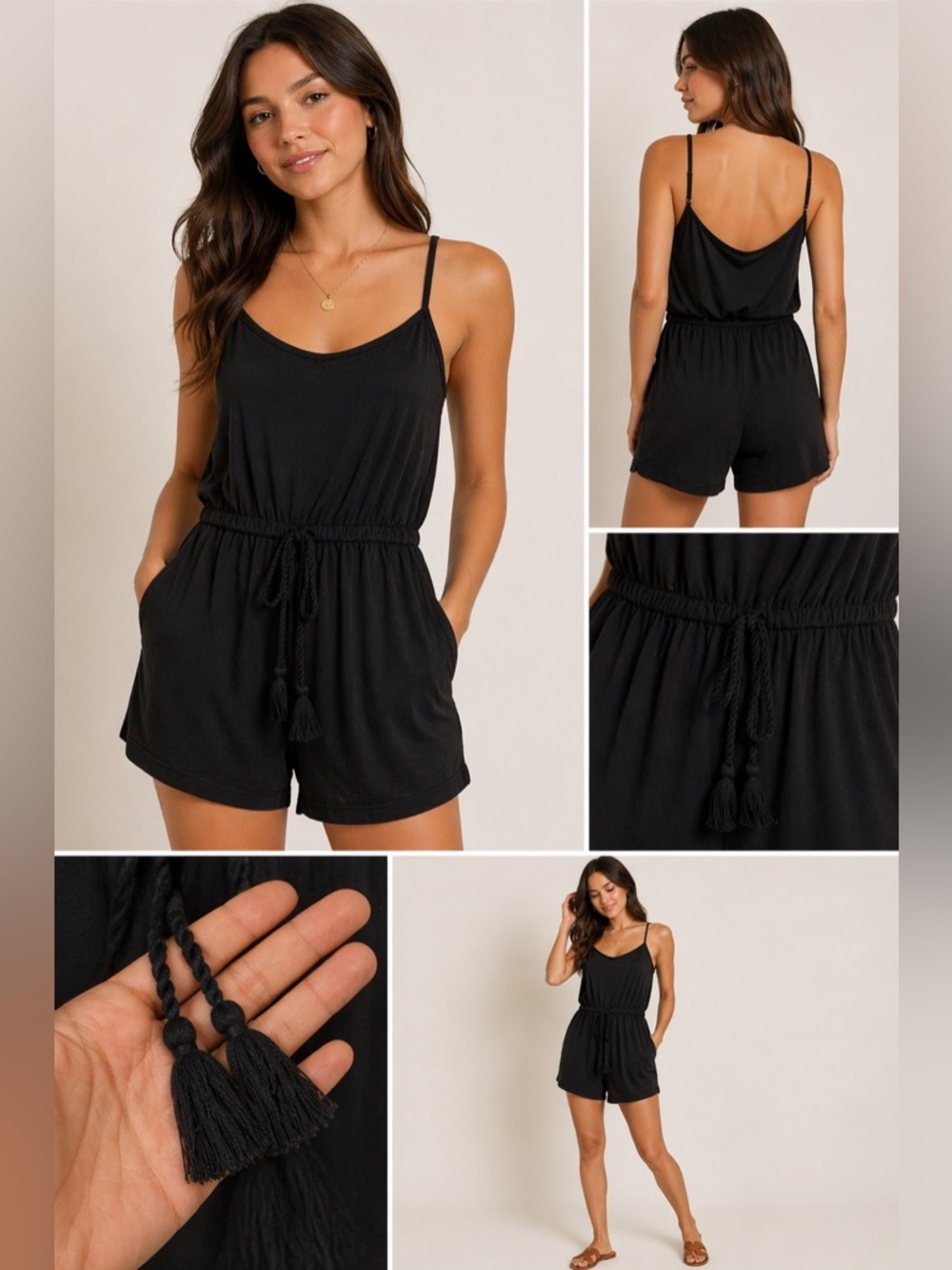 🐿️ Black Tassel-Tie Romper – Size L